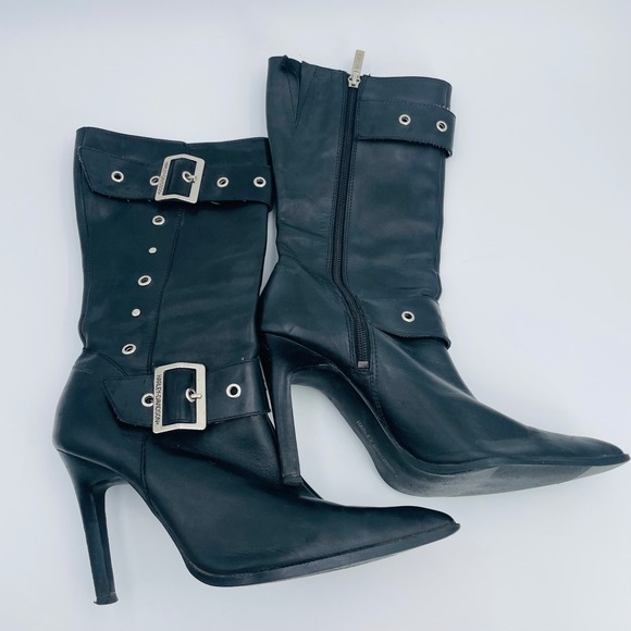 Harley Davidson Black Leather Buckle Accent Stiletto Heel Boots 7.5 - Picture 1 of 10